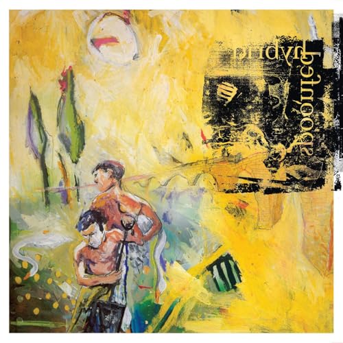 Abstract painting of figures embracing, with yellow and black brushstrokes.
