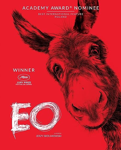 Red film poster featuring a close-up of a donkey’s face and the title “EO”.