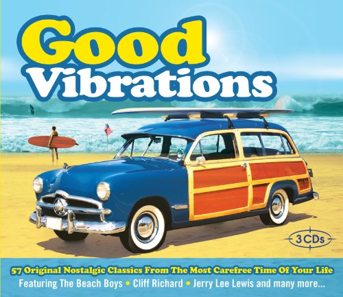 CD cover: vintage wood-paneled car on a beach, with a surfer.