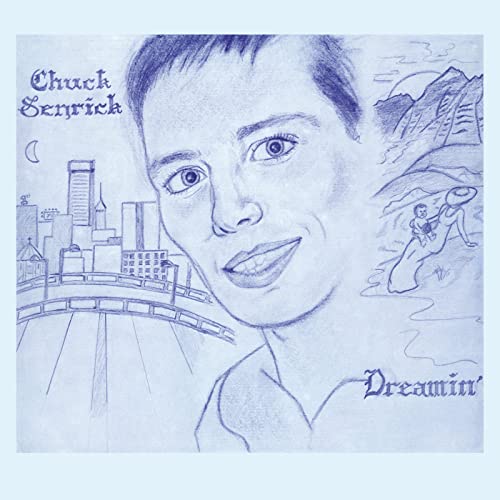 Sketch of a man’s face with a city and landscape background.