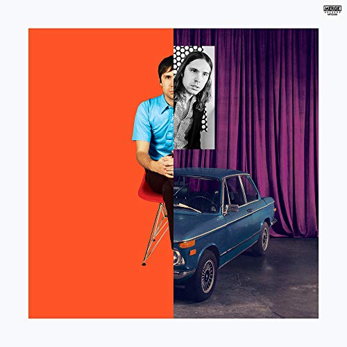 CD cover featuring two men, a car, and divided orange and purple backgrounds.