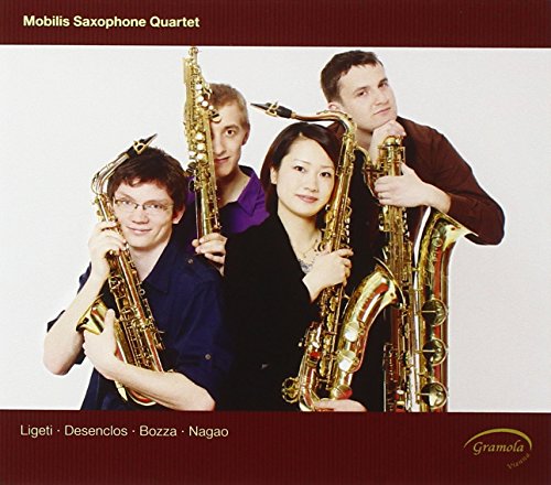Four musicians with saxophones on a maroon album cover.