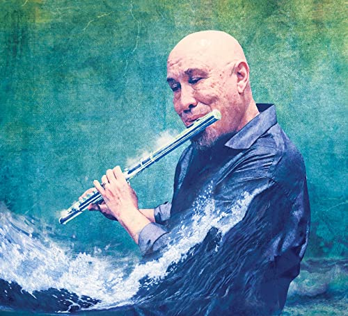 Bald musician Steve Slagle playing a silver flute, with wave imagery.