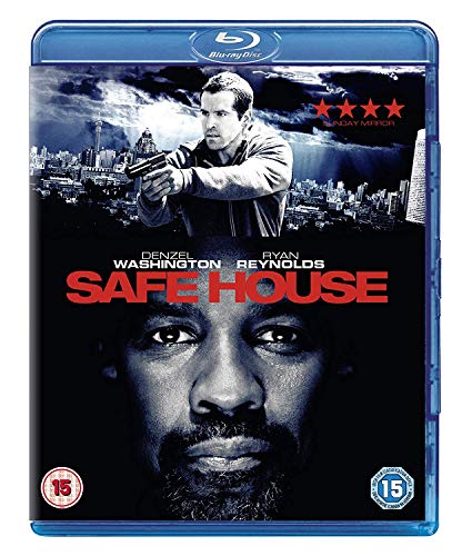 Safe House" Blu-ray cover featuring Denzel Washington and Ryan Reynolds, action thriller.
