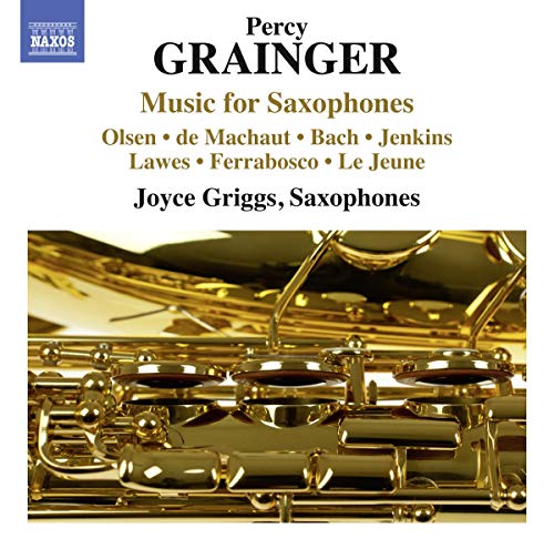 CD cover for Joyce Griggs’ “Grainger: Saxophone Music” with golden saxophones.