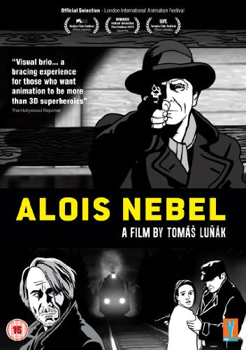 Alois Nebel" DVD cover: black and white animated man in a hat with a gun.