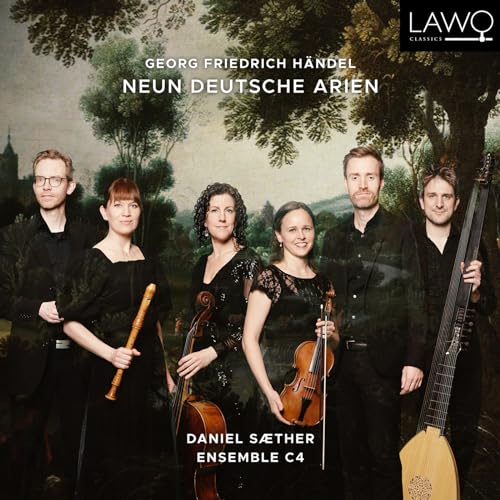 Classical musicians with instruments, album cover for Handel's "Neun deutsche Arien".