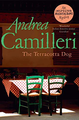 Book with terracotta-colored cover featuring a dog, likely a mystery novel by Andrea Camilleri.