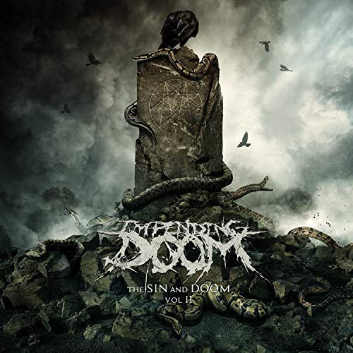 Dark album cover with a stone monument, raven, and snakes.