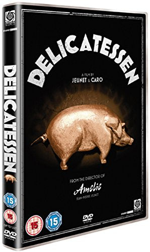 DVD cover for "Delicatessen" featuring a golden pig against a black background.
