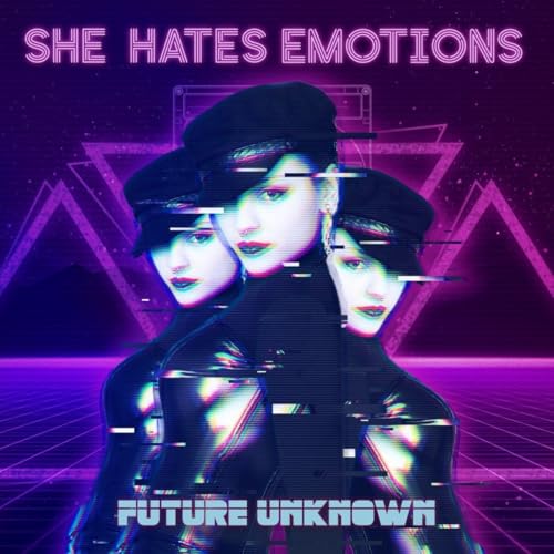 CD cover: woman wearing a cap, glitch art, neon purple background.