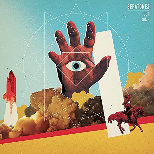 CD cover: hand with an eye, rocket, horse, geometric shapes.