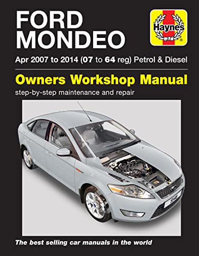 Haynes repair manual cover for Ford Mondeo (2007-2014) with open hood.