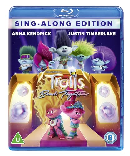 Trolls Band Together Blu-ray case featuring animated characters on a stage.