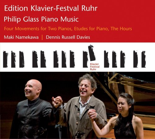 CD cover for Philip Glass piano music featuring musicians and piano keys.