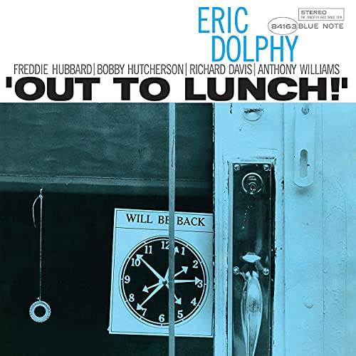 Album cover for Eric Dolphy's Out To Lunch featuring a clock sign on door.