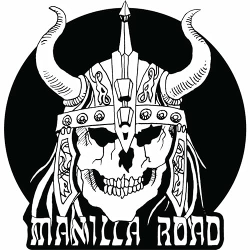Black and white graphic of a horned Viking skull helmet with Manilla Road text.