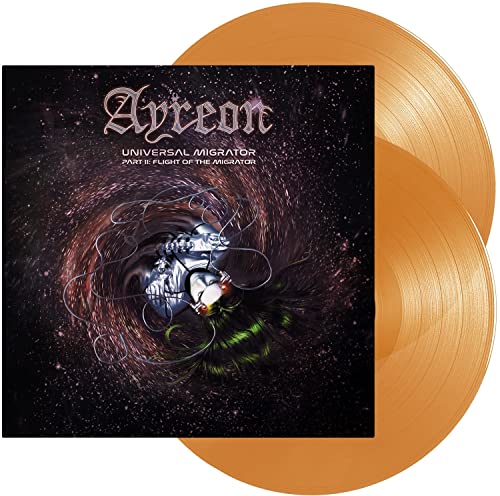 Ayreon Universal Migrator Part II album cover with two orange vinyl records behind it.