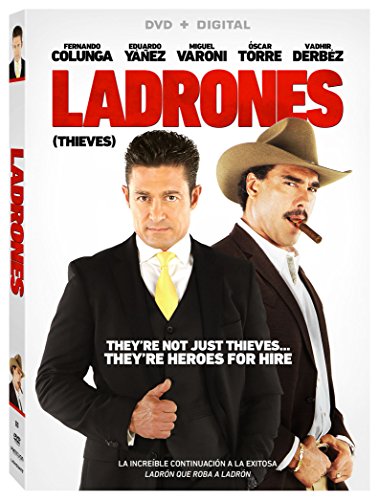 DVD cover for "Ladrones" featuring two men in suits, one with a cowboy hat.