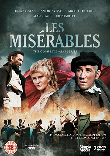 “Les Misérables” DVD cover featuring actors and a dramatic, fiery background.