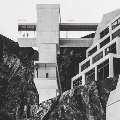 Black and white album cover with brutalist architecture and rocky terrain.