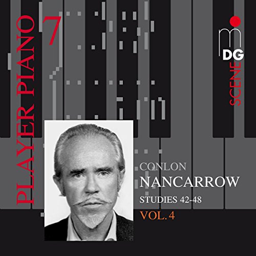 CD cover: portrait of Conlon Nancarrow with piano key background.