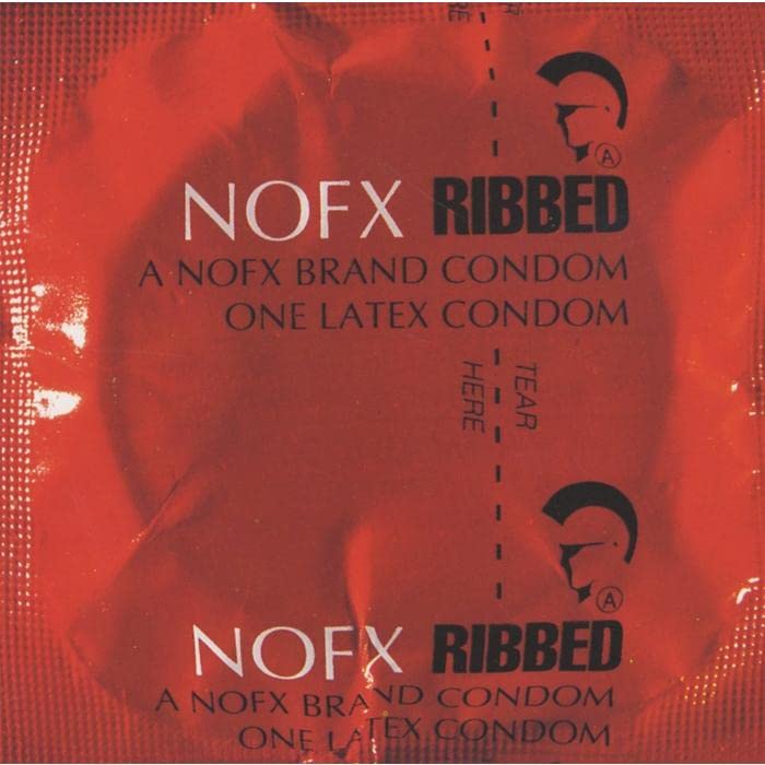 Red CD case for NOFX’s “Ribbed” album, featuring silhouette graphics.
