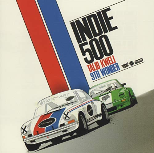 Album cover for "Indie 500" featuring racing cars and bold text.