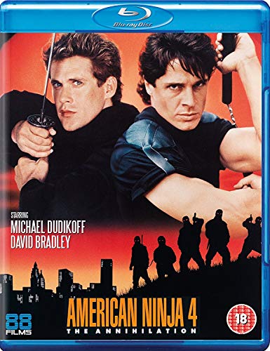 Blu-ray cover for "American Ninja 4" featuring two men with weapons.