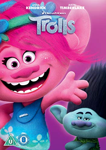 Two cartoon trolls, one pink with pink hair and one blue with black hair.