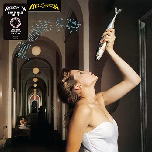 Helloween album cover: woman with fish in a hallway.