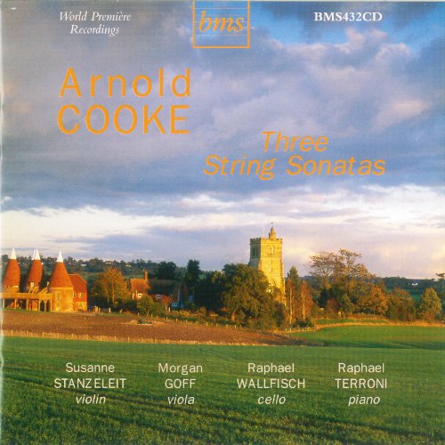 CD cover for Arnold Cooke’s “Three String Sonatas” with rural landscape.