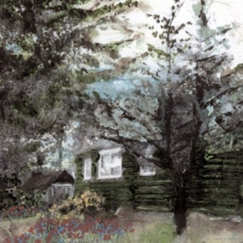 Painted image of a green cabin surrounded by trees and flowers.