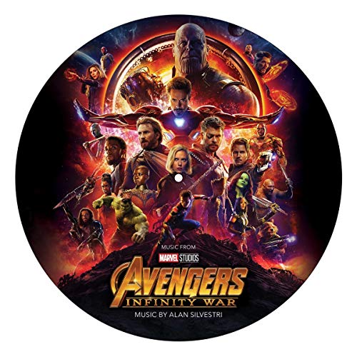 Avengers: Infinity War vinyl record featuring Thanos and various heroes.
