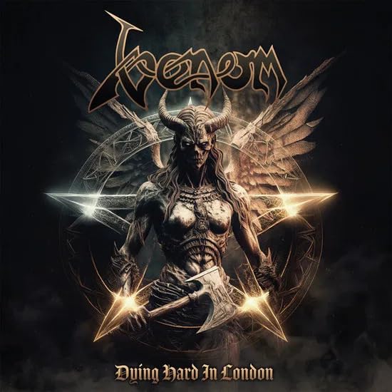 Venom album cover: demonic figure with axe, wings, and pentagrams.