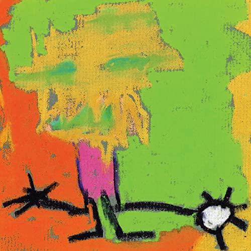 Abstract painting of a figure with a yellow head on a colorful background.