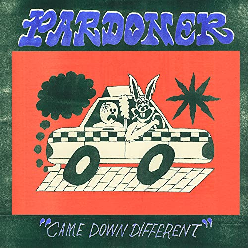 Album cover: cartoon rabbit and sad face driving a checkered taxi.