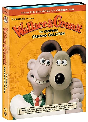 Blu-ray cover featuring Wallace and Gromit, clay animation characters, in orange.