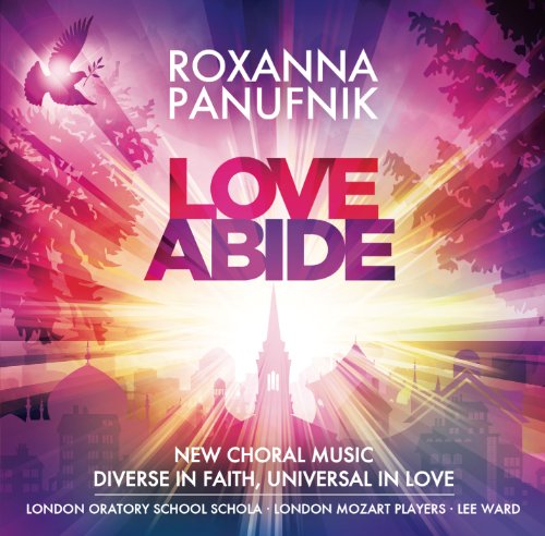 CD cover for Roxanna Panufnik’s “Love Abide” with doves and a cathedral.