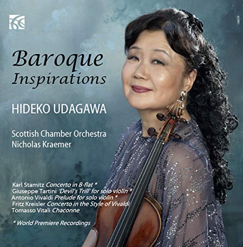CD cover featuring Hideko Udagawa with a violin, titled "Baroque Inspirations".