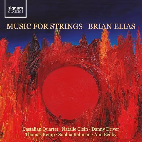 CD cover for "Music for Strings" with abstract red and black artwork.
