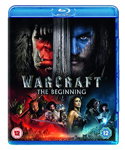 Warcraft Blu-ray cover featuring an orc and a human split by a sword.