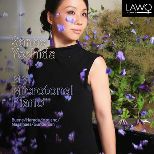 CD cover featuring pianist Sanae Yoshida amongst purple flowers.