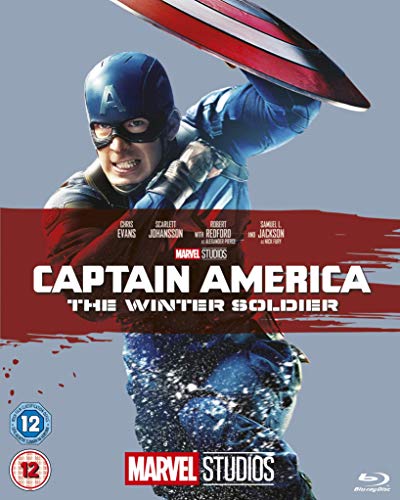 Captain America holding shield, movie cover with red and blue tones, Blu-ray.