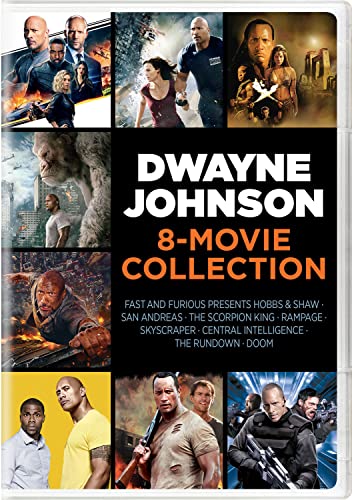 DVD case featuring Dwayne Johnson with eight action movie posters.