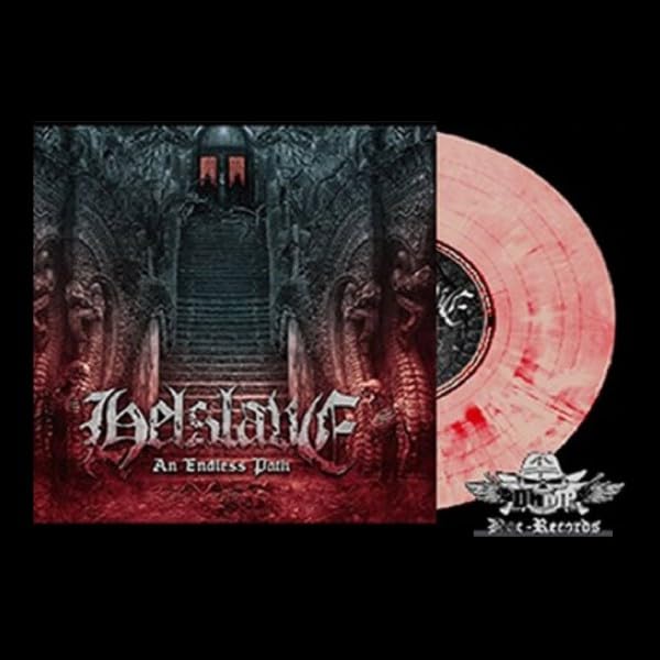 “Helslave” vinyl record with dark, gothic album art and red splatter effect.