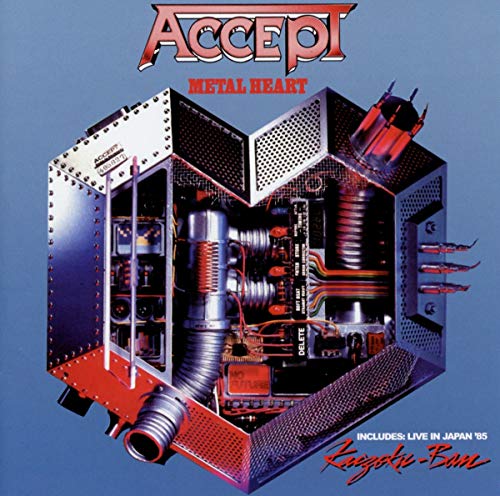 Accept's "Metal Heart" album cover: a metallic, robotic heart on blue.