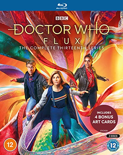 Doctor Who Series 13 Blu-ray cover featuring three characters against a colorful abstract background.