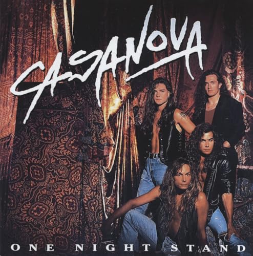 Casanova album cover, three men in leather jackets, ornate backdrop.