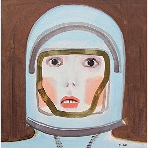 Painting of a face inside a light blue astronaut helmet.